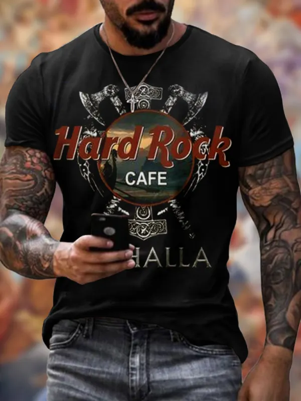 Mens Retro Hard Rock Cafe Valhalla Printed T-shirt - Oasisjoy.com 