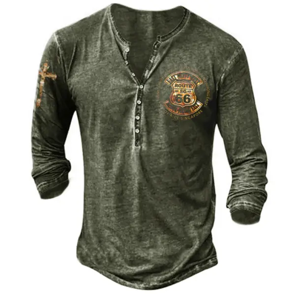 Men's Retro Button Printed Long-sleeved T-shirt - Sanhive.com 