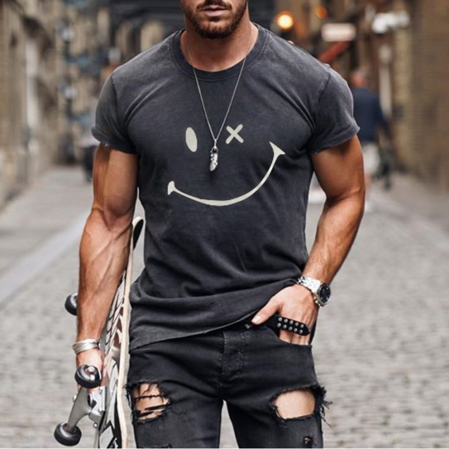 

Mens Fashion Washing Short Sleeve Smiley T-shirt