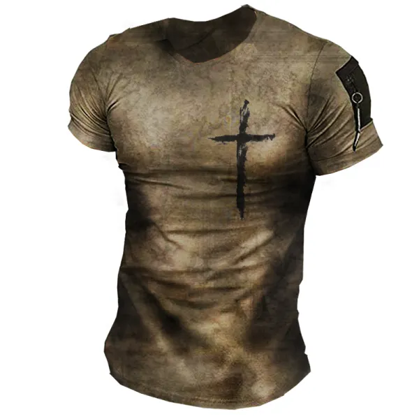 Mens Retro Casual Cross Print T-shirt - Kalesafe.com 