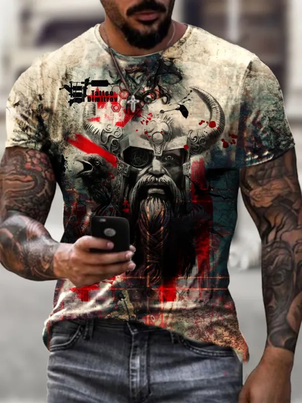 Designer vintage Viking warrior print T-shirt - Oasisjoy.com 