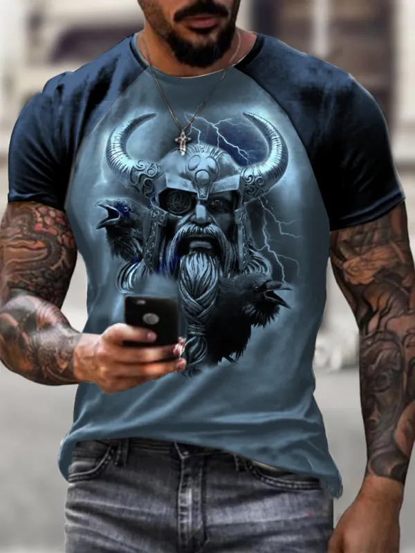 Viking warrior print T-shirt - Oasisjoy.com 