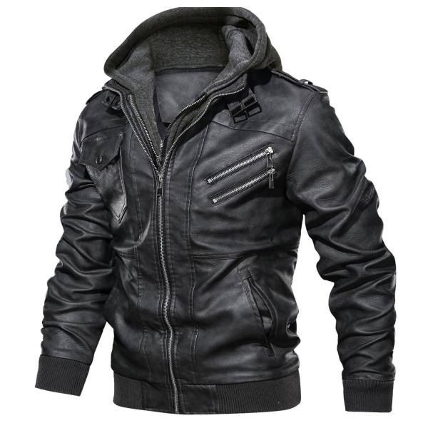 Men's Leather Hoodie Jacket Windproof Thick Warm Active Coat Full Zip