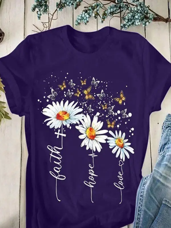 Round Neck Casual Creative Flower Print T-Shirt - Oasisjoy.com 