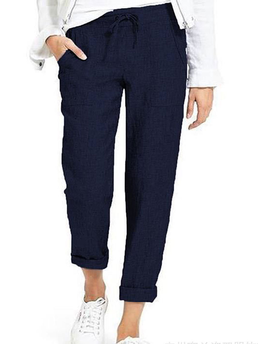 Casual Drawstring High Waist Pocket Loose Cotton And Linen Pants
