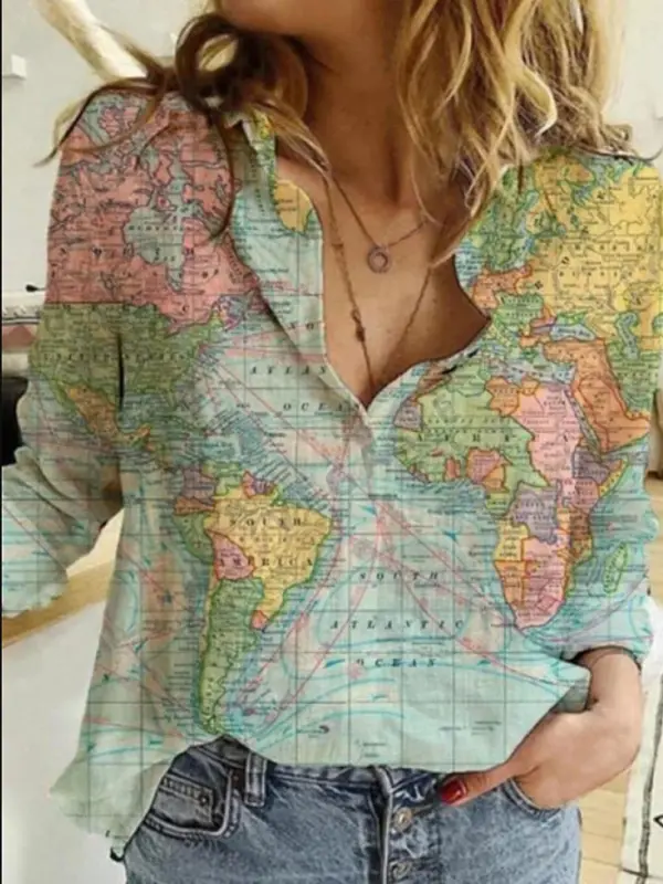 Women's Map Print Casual Shirt - Oasisjoy.com 