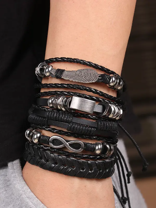 Wings Infinity Symbol 8 Alloy 5 Piece Leather Bracelet - Oasisjoy.com 