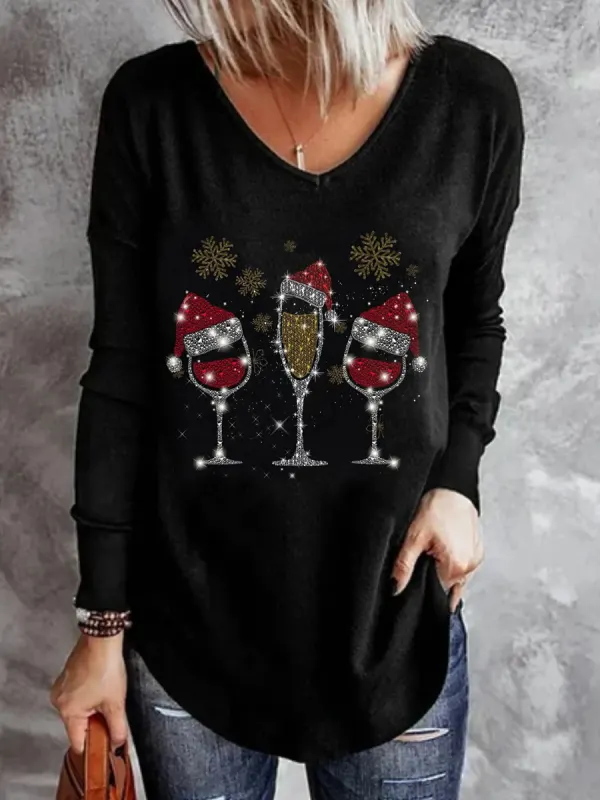 Casual Christmas Wine Glasses Print Crew Neck Long Sleeves T-shirt - Oasisjoy.com 