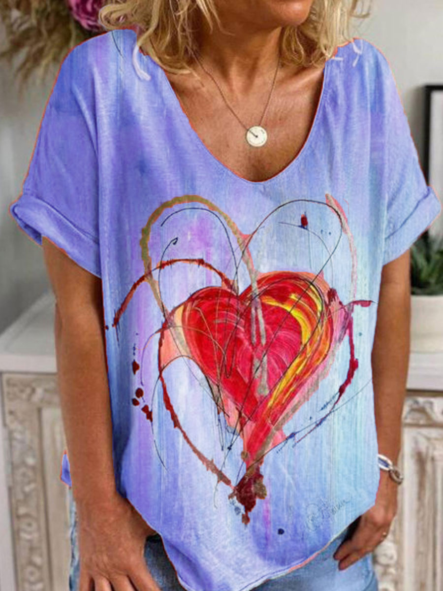 Love Printed V neck Zipper Loose Casual Short sleeved T shirt