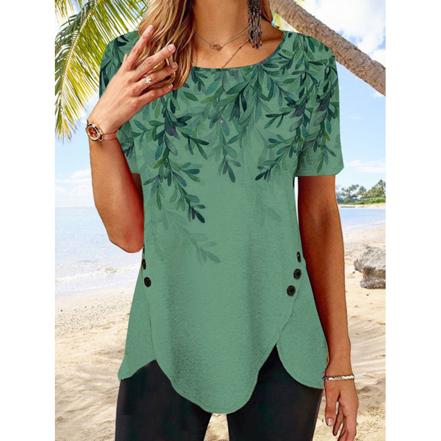 

Button Irregular Hem Gradient Flower Top T-shirt