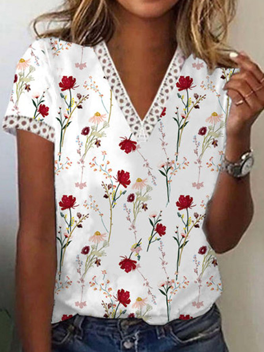 Boho V Neck Floral Short Sleeve T Shirt