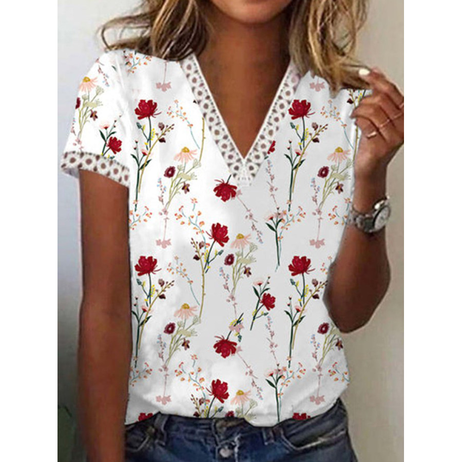 

Boho V Neck Floral Short Sleeve T-Shirt