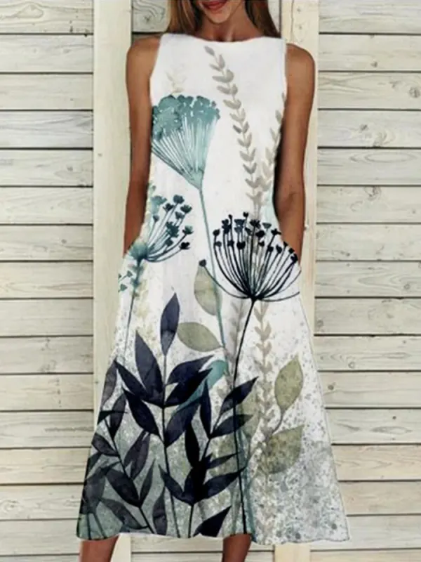 Ladies Fashion Sleeveless Round Neck Printed Maxi Dress - Oasisjoy.com 