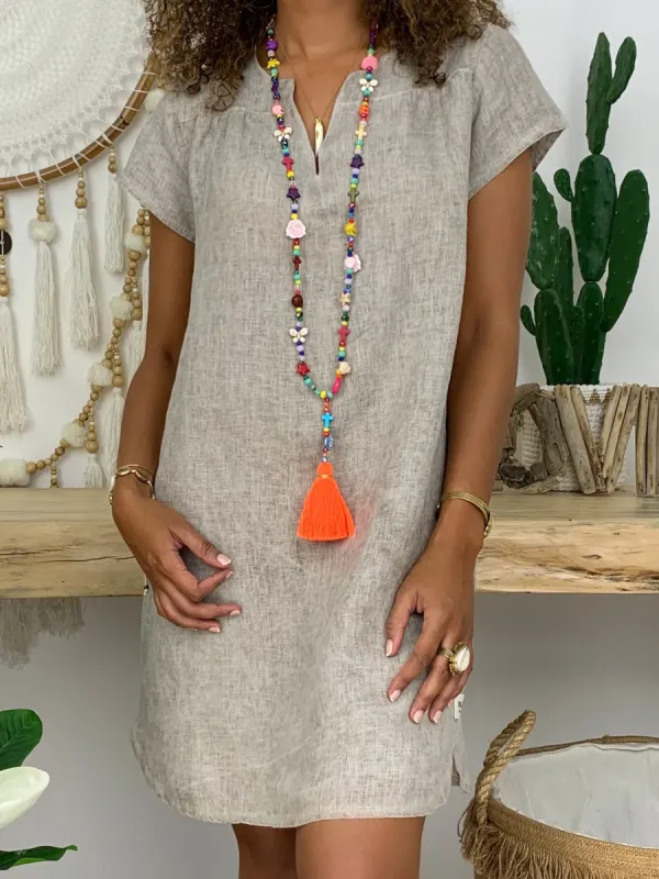 Cotton Linen V-neck Midi Dress - Realyiyi.com 
