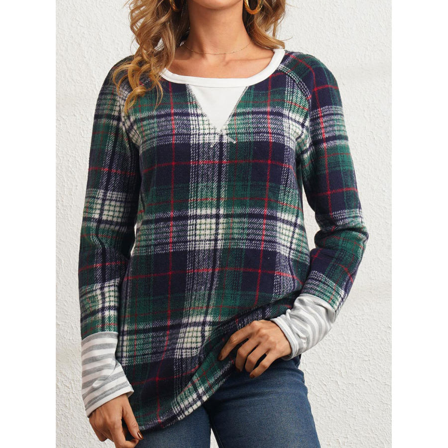 

Fashion Check Print Round Neck Long Sleeve Casual T-shirt