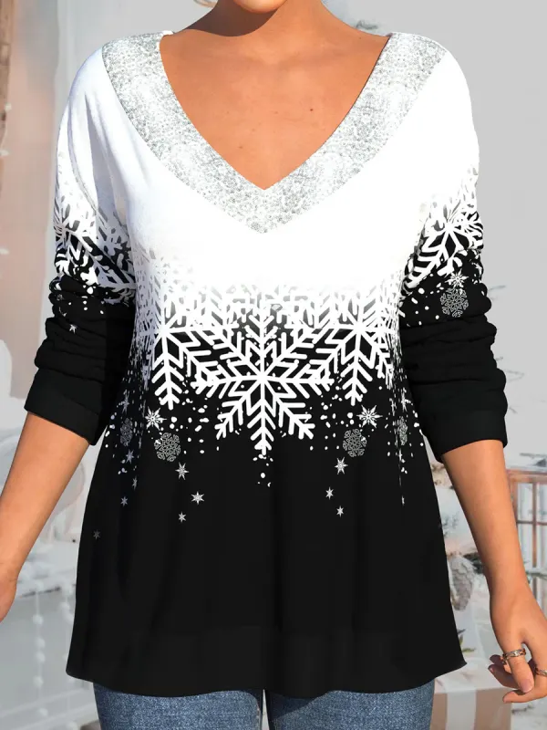 Christmas Snowflake Print V-neck Long-sleeved T-shirt - Oasisjoy.com 