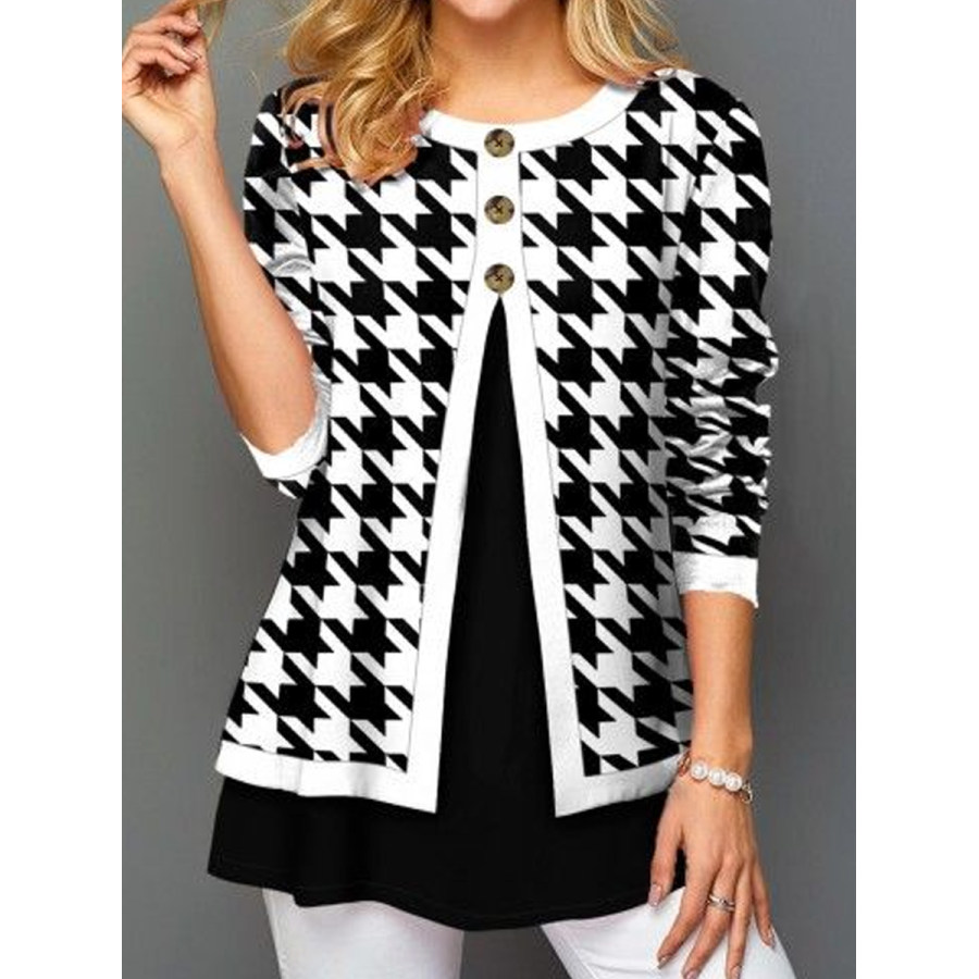 

Round Neck Houndstooth Stitching Long-sleeved Blouse