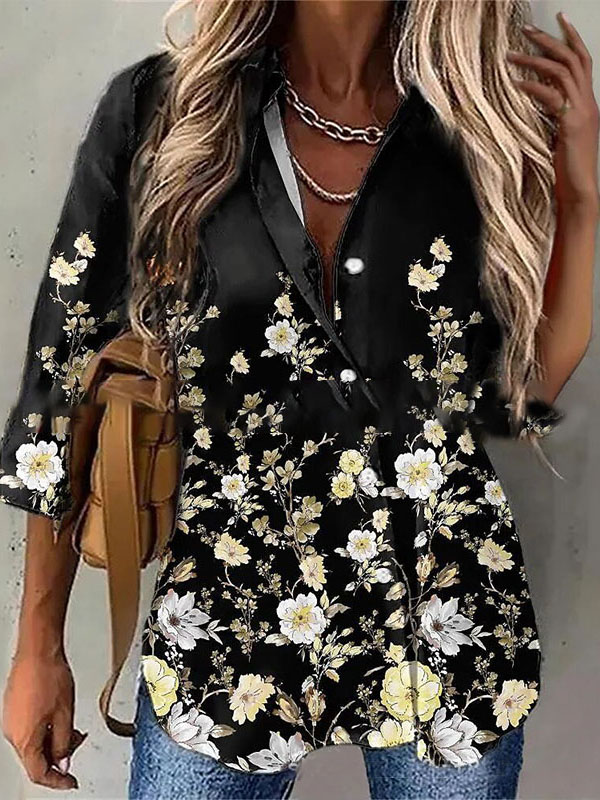 Ladies Fashion Print Lapel Long Sleeve Shirt