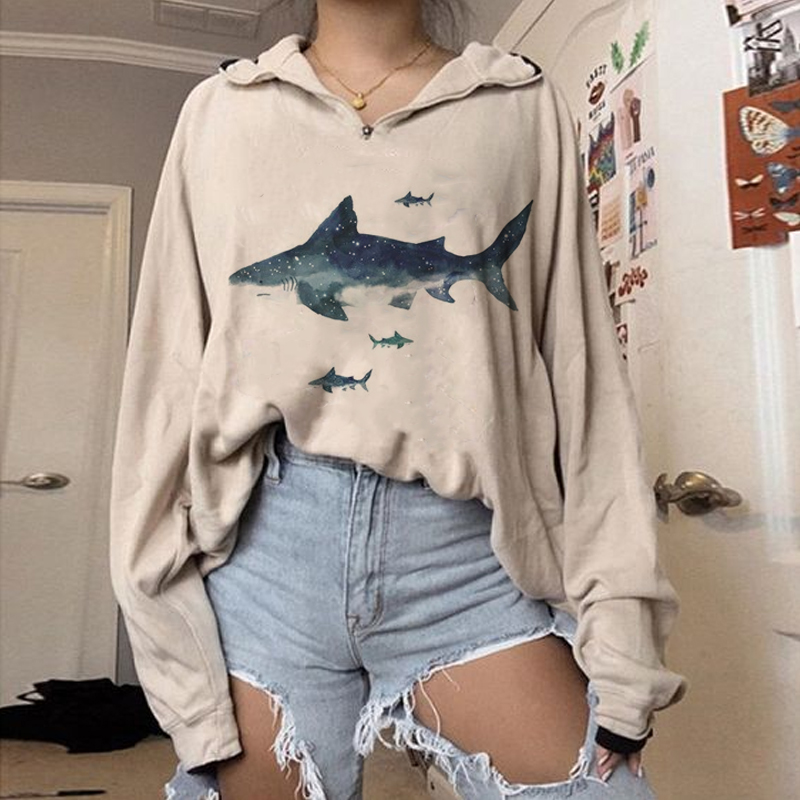 Summer Retro Surf Marine Life Printed Casual Sweatshirt