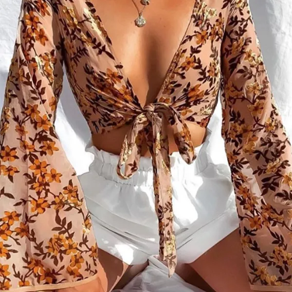 Sexy Deep V-neck Floral Blouse - Leanarea.chimpone.com 