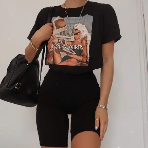 Women's Black Retro Print T-shirt Slim Leggings Set - Leanarea.chimpone.com 