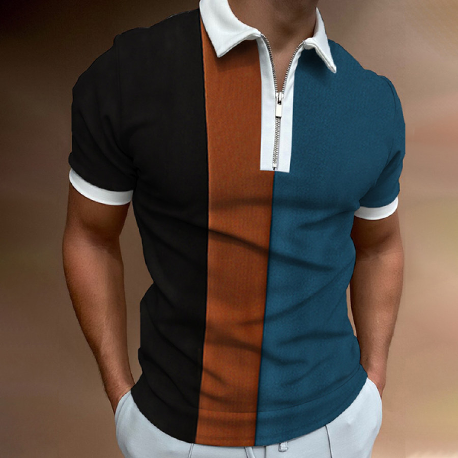 

Men's Casual Stitching Zipper Design Polo Collar Short-sleeved T-shirt