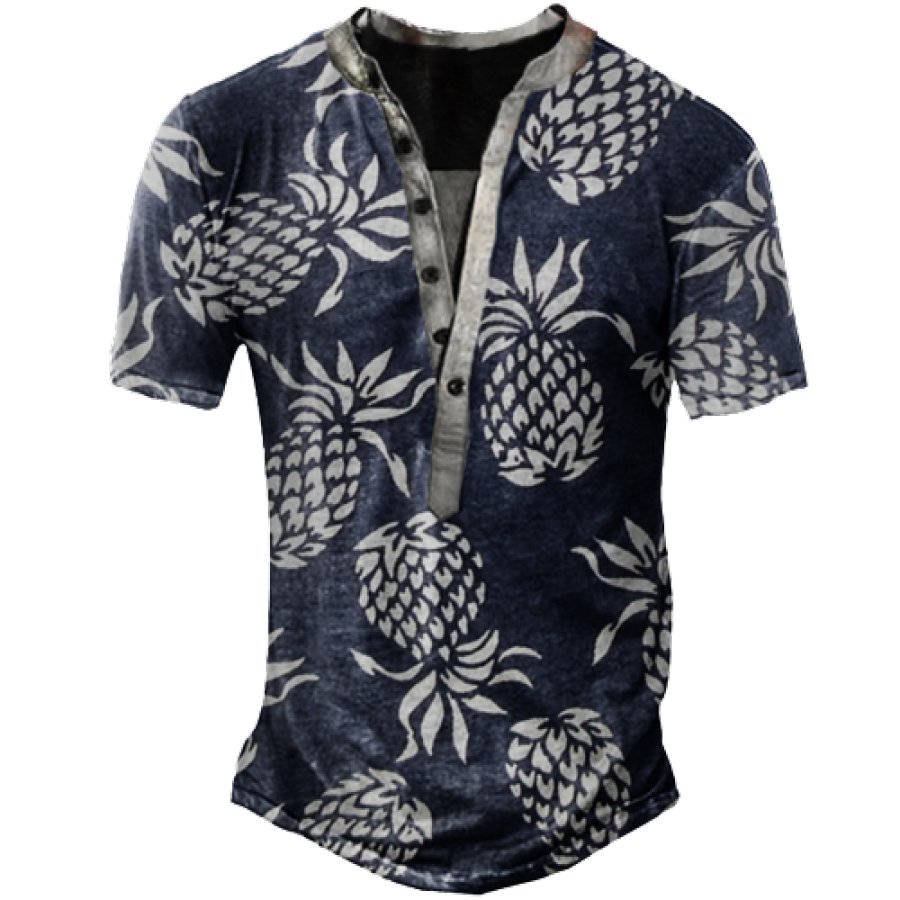 

Tossed Pineapples On Navy Blue Print Men Henley T-Shirt