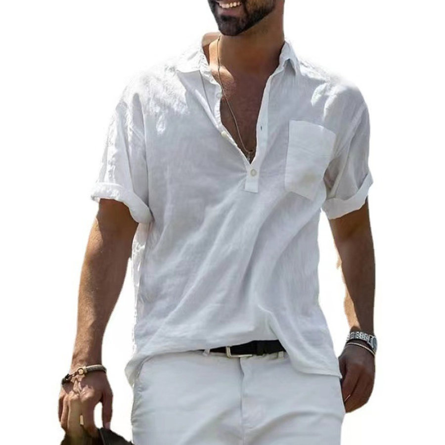 

Men's Cotton Linen Loose Casual Lapel T-Shirt