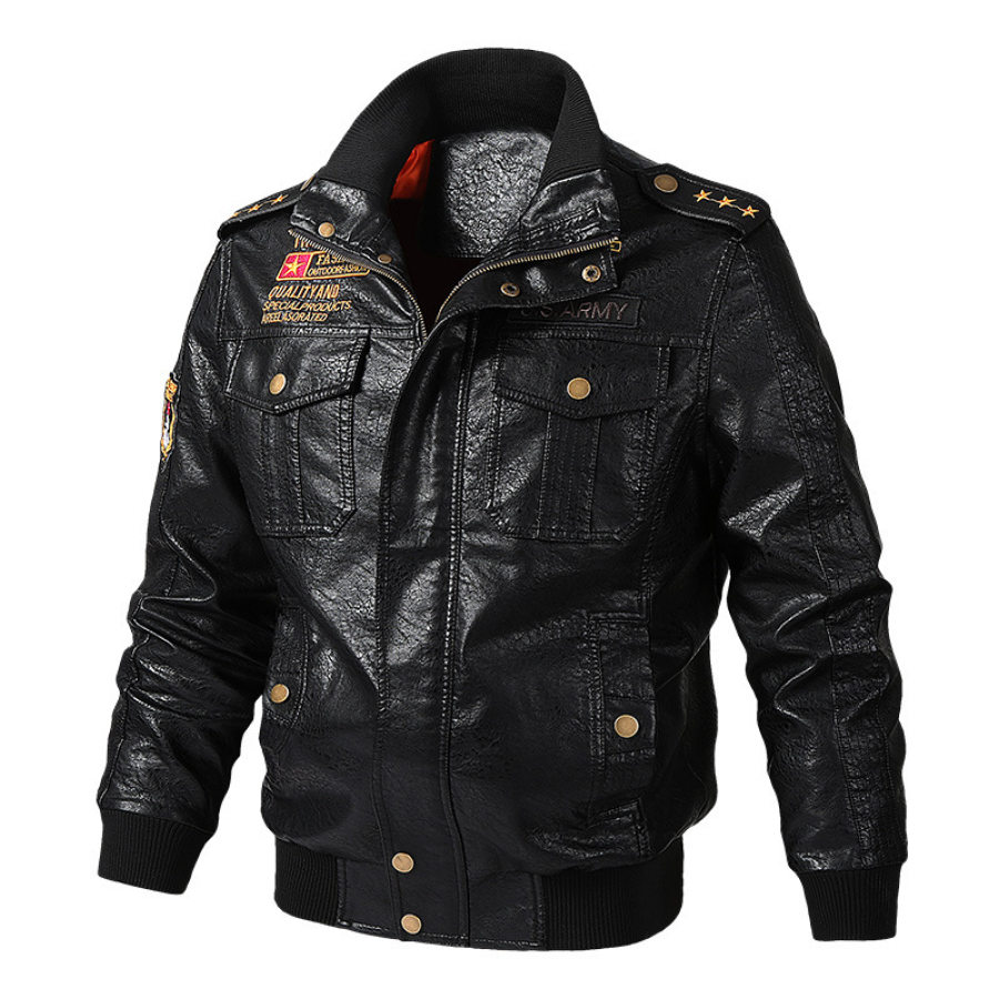 

Stand-up collar motorcycle PU leather jacket