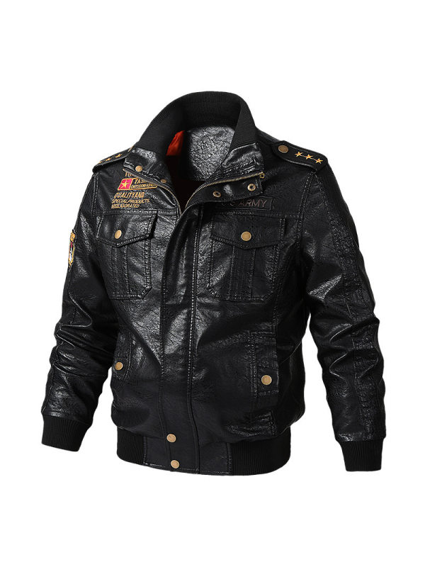 Stand up collar motorcycle PU leather jacket