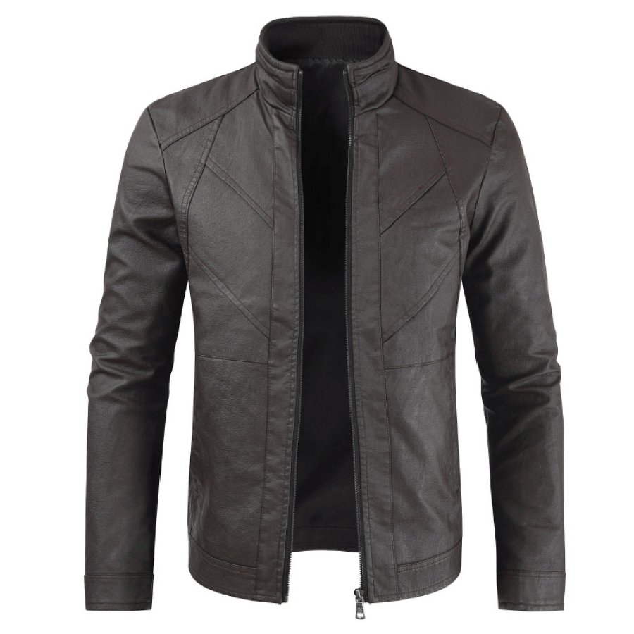 

Classic simple short slim collar leather jacket