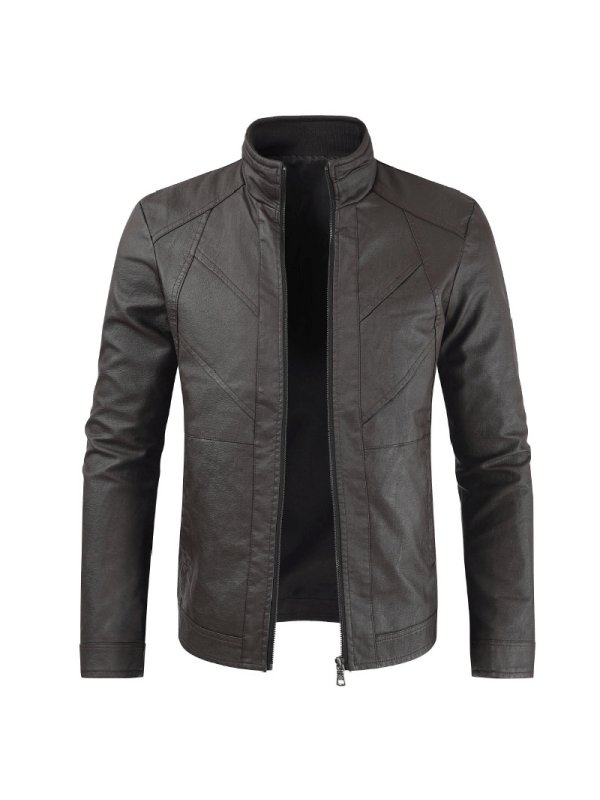 Classic simple short slim collar leather jacket