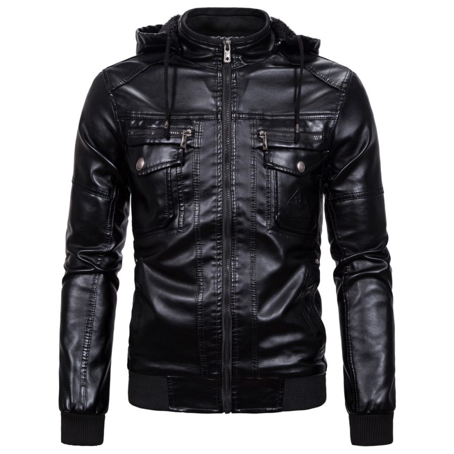 

Men's outdoor windproof and warm hooded leather jacket