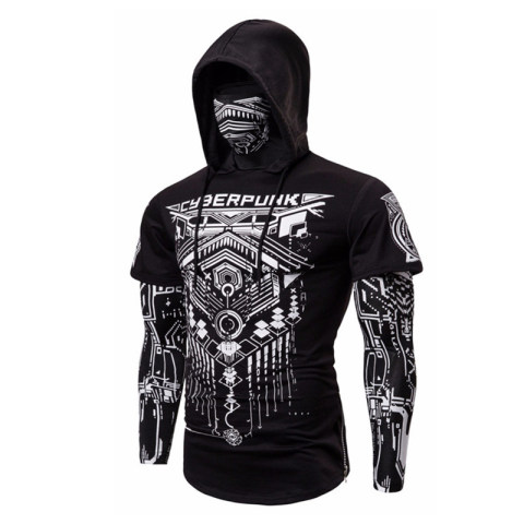 Men's Cyberpunk Stretch Fitness Cycling Mask Hooded Long Sleeve T-Shirt