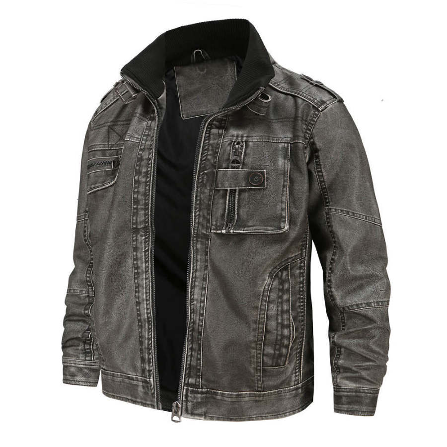 

Men's retro casual stand collar washed leather jacket