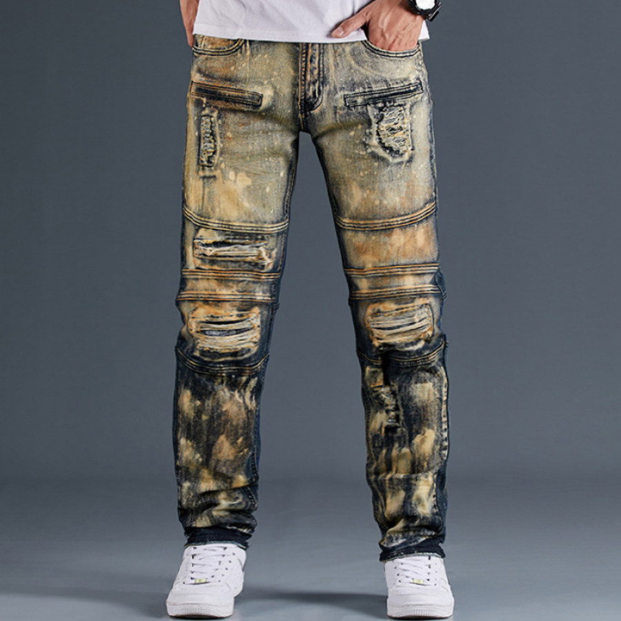 Men's retro biker pleated stitching jeans