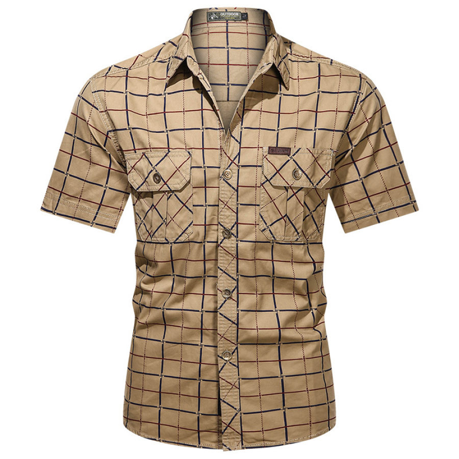 

Men's outdoor casual cotton plaid short-sleeved shirt