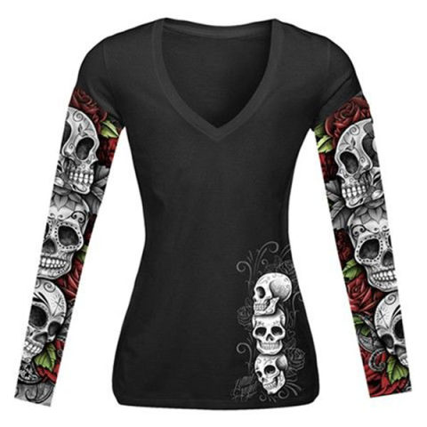 Womens skull print long-sleeved T-shirt
