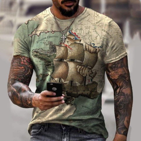 Mens Trendy Vintage Ship And Nautical Map Art Print Shirt