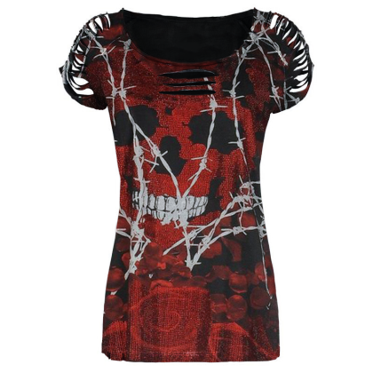 Womens casual printed hollow T-shirt