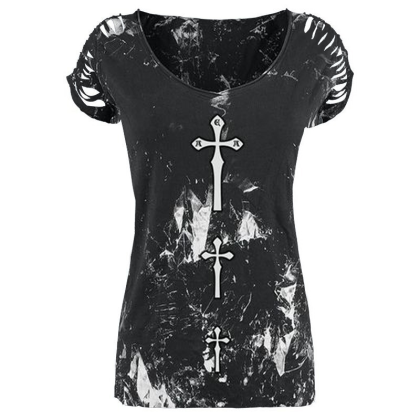 Womens casual printed hollow T-shirt