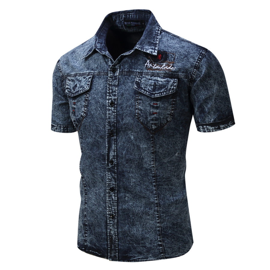 

Men's nostalgic military cotton denim short-sleeved shirt