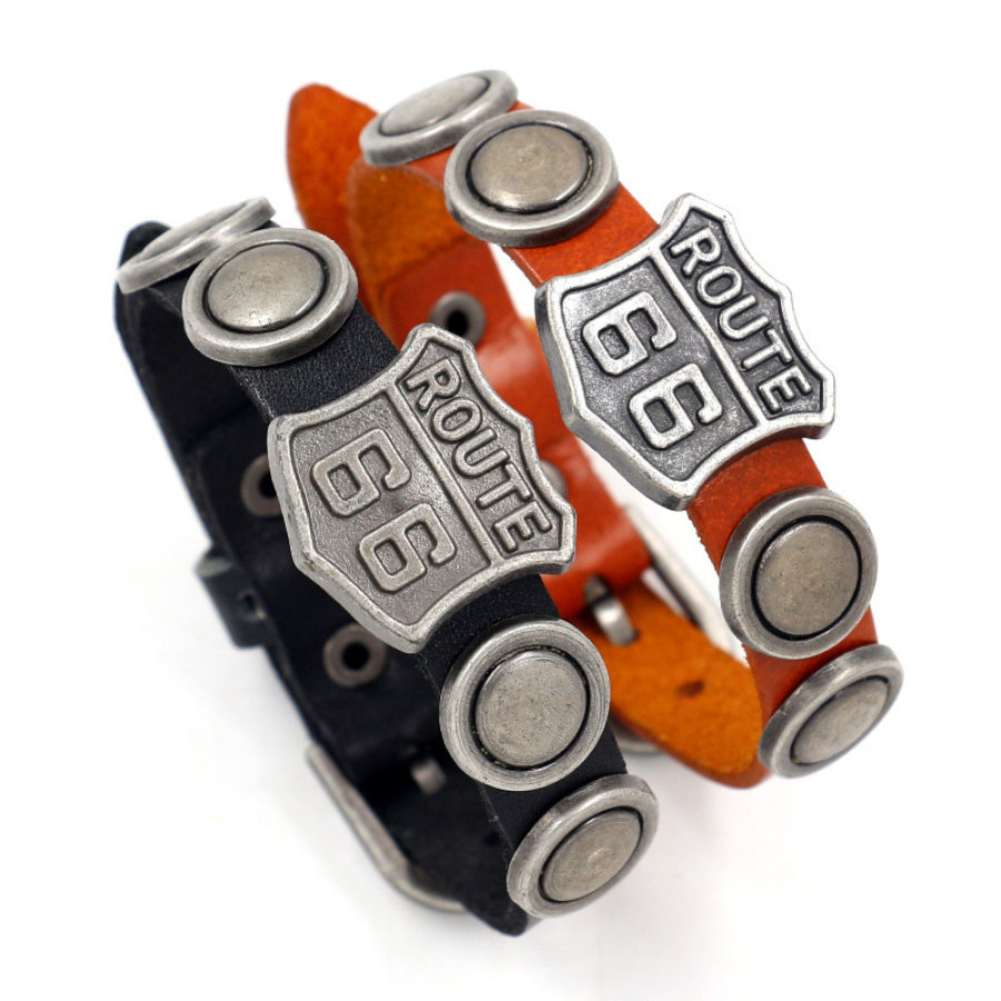 

Road ROUTE66 Cowhide Bracelet Punk Retro Rivet Leather Brace