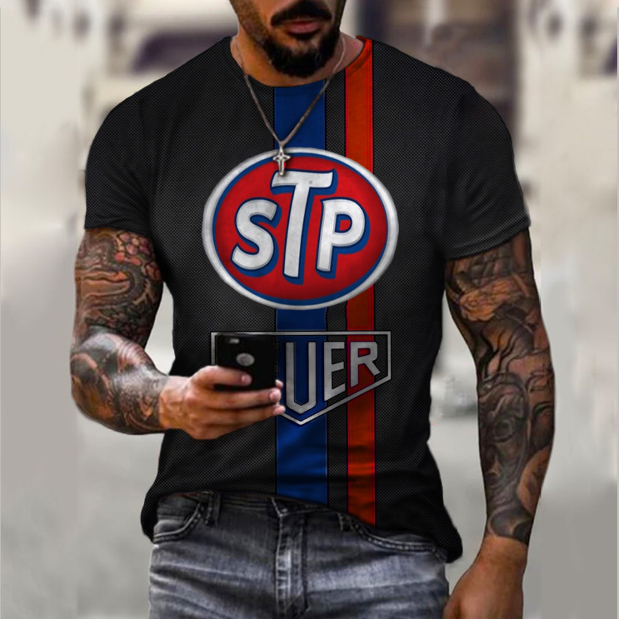 

Retro motor oil print short-sleeved T-shirt