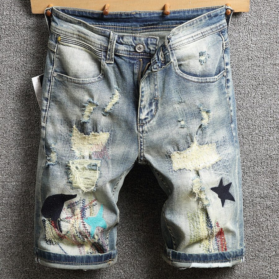 

Men's embroidered retro denim shorts