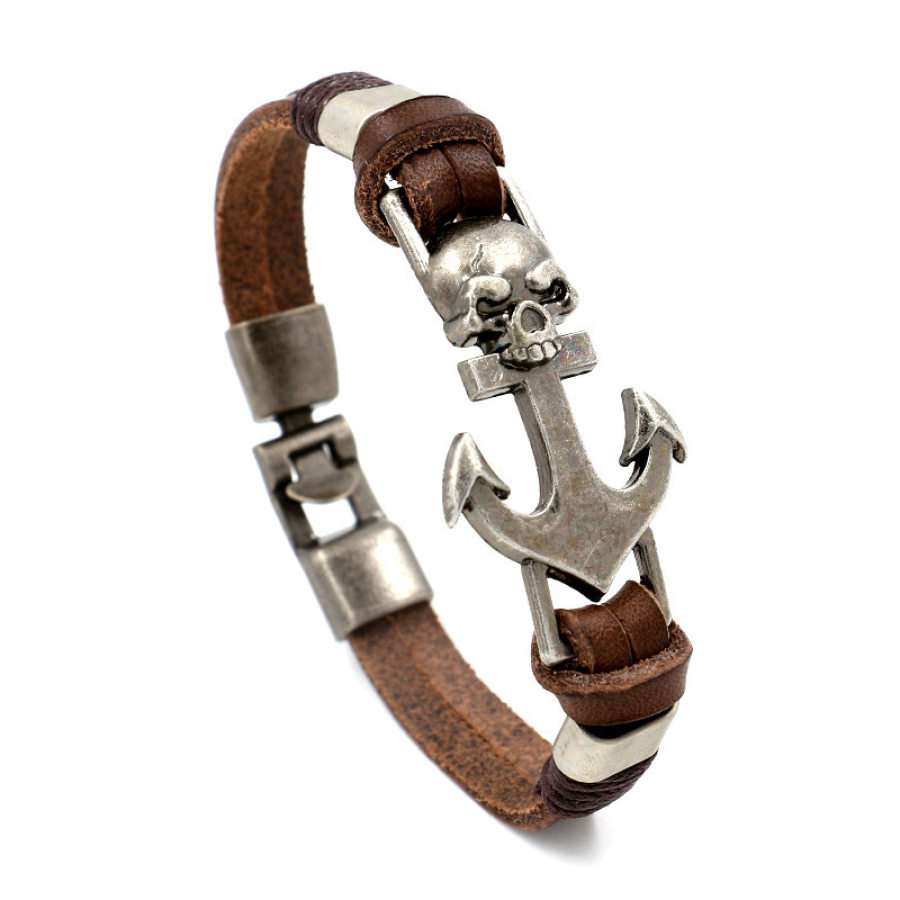 

Navy Blue Skull Anchor Braided Leather Bracelet