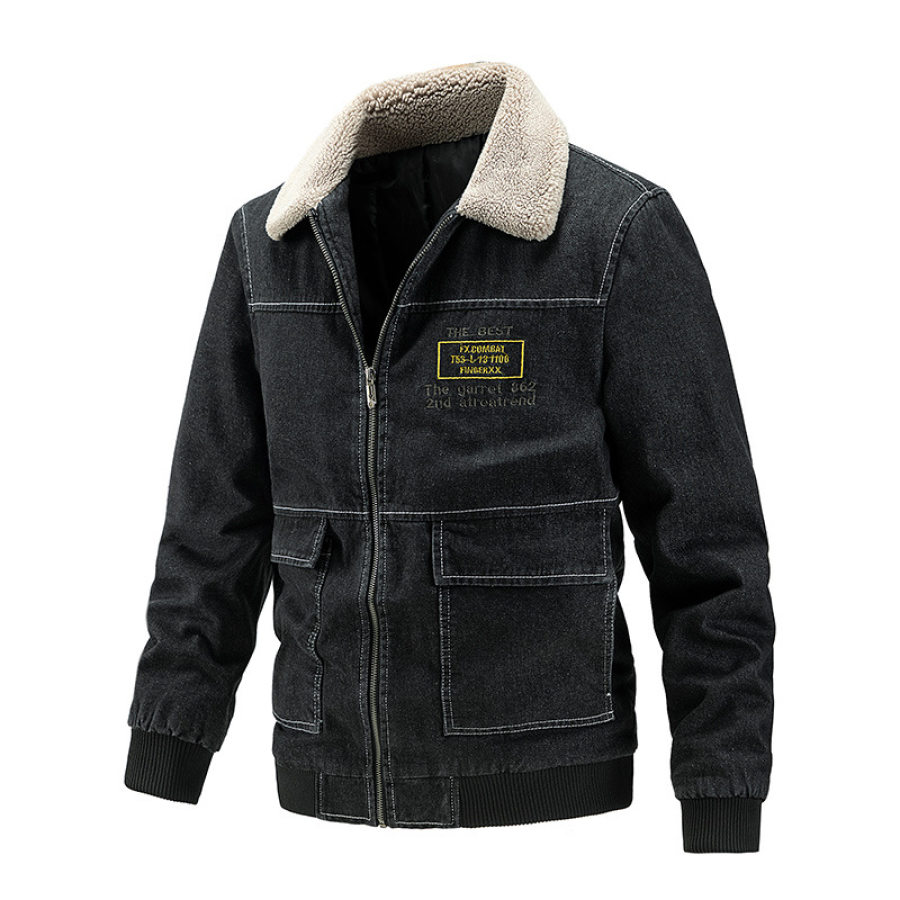 

Men's Casual Quilted Cotton Warm Fur Collar Denim Jacket