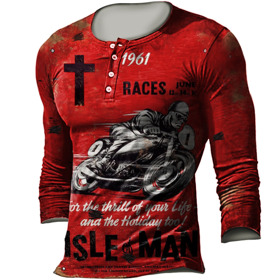 Men's TT Racing Motorcycle Retro Print Tactical Casual Henley Shirt