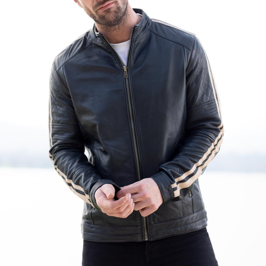 

Navy Blue Leather Biker Jacket