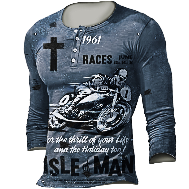 Men's Tt Racing Motorcycle Chic Retro Print Tactical Casual Henley Shirt